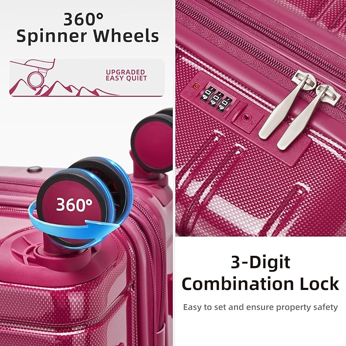 LARVENDER 5 Piece Hardside Expandable Luggage Sets with Wheels Lock, Lightweight PC+ABS Rolling Hardside Suitcase for Women and Men,Glossy Very Berry