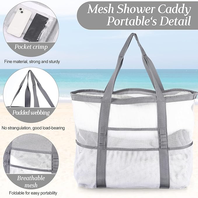 Hillban Large Beach Mesh Bags Bulk for Women Beach Tote Bag with 8 Pocket Zipper Waterproof Sandproof for Pool Cruise Ship
