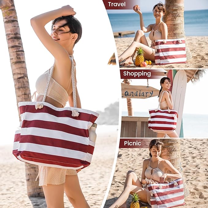 Clothirily Beach Bag for Women - Large Beach Tote Bag, Waterproof Sandproof Beach Bag with Zipper, Large Swim Pool Beach Tote