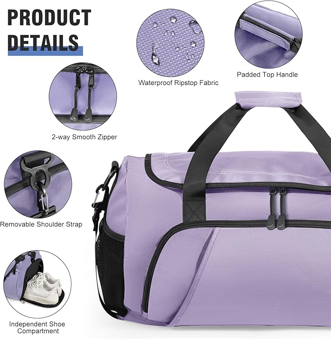 Gym Bag for Men Women With Shoe Compartment & Wet PocketWater Resistant Sports Gym Bag 、shoulder bag、messenger bag Carry On Duffel Bag forWeekend Overnight Traveling (Purple)