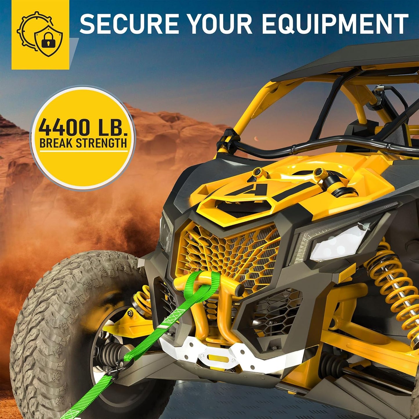 AUGO Heavy Duty Ratchet Straps & Soft Loops – Pack of 4 Extra Strong 1.5” by 15’ Ratchet Straps w/S-Hook Safety Latches & 4 Soft Loop Tie Downs – 4400Lb Break Strength for Motorcycles, ATVs, Etc.