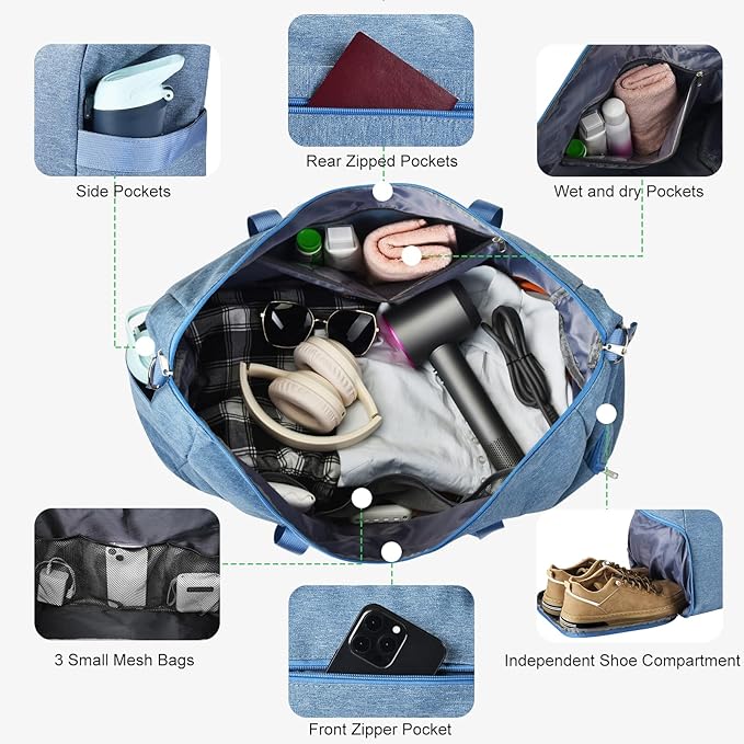 Carry on luaggage 22x14x9 Airlines Approved, Foldable Travel Duffel Bags Weekender Overnight Carry on Duffel Luggage Gym Duffle Bag with Wet Pocket & Shoe Compartment for Women Men(Blue, 40L)