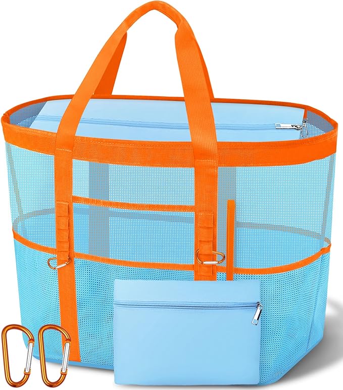 2026 Chic & Spacious XX-Large Beach Bag for Women — Mesh × Canvas Tote with Top Zipper, 11 Pockets, Detachable Pouch | 40L+ Spacious, 11 Tall Pockets, Zipper Pouch, Secure Zip-Top, Sand-Resistant Base