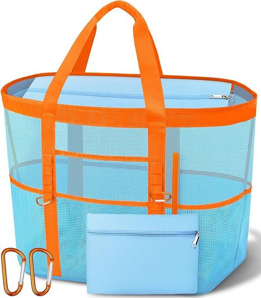 2026 Chic & Spacious XX-Large Beach Bag for Women — Mesh × Canvas Tote with Top Zipper, 11 Pockets, Detachable Pouch | 40L+ Spacious, 11 Tall Pockets, Zipper Pouch, Secure Zip-Top, Sand-Resistant Base