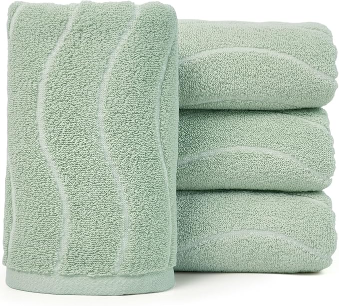 Jacquotha Hand Towels 4 Pack - Sage Green Wavy Striped Hand Towels for Bathroom, 100% Natural Cotton Soft Absorbent Decorative, 13x29 Inches