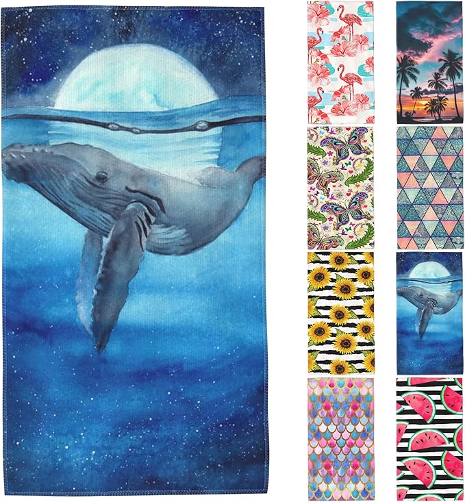 Beach Towel,Watercolor Blue Whale in Sea at Moon Night Lightweight Compact Sand Free Quick Dry Oversized Pool Swimming Towels for Girls Women Adults,29.5"×59"