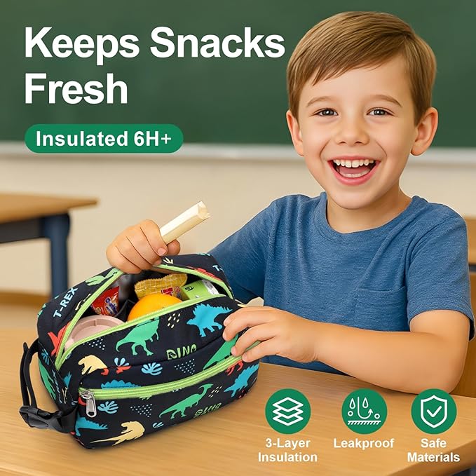 Bagseri Kids Snack Bag Boys - Small Reusable Mini Cooler Pouch, Insulated 3.9L Food Carrier with Buckle Handle for School and Daycare, Fits in Backpack, Black Dinosaur