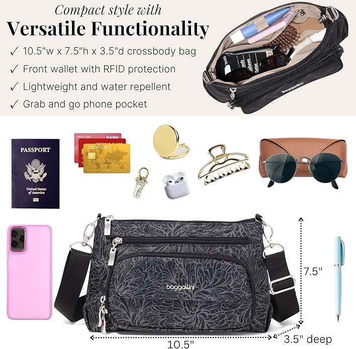 Baggallini Original Everyday 11x7.5 Crossbody Bags Rfid Protected Lightweight Nylon Zippered Travel Purse