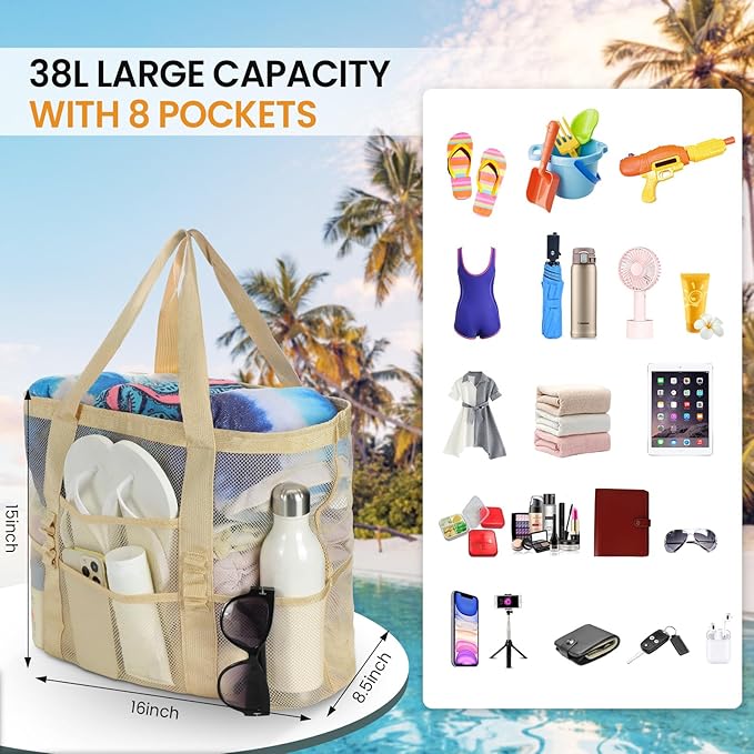 Tavaleu Mesh Beach Bag - Large Beach Tote with Multi Functional Pockets for Family Travel/Vacation