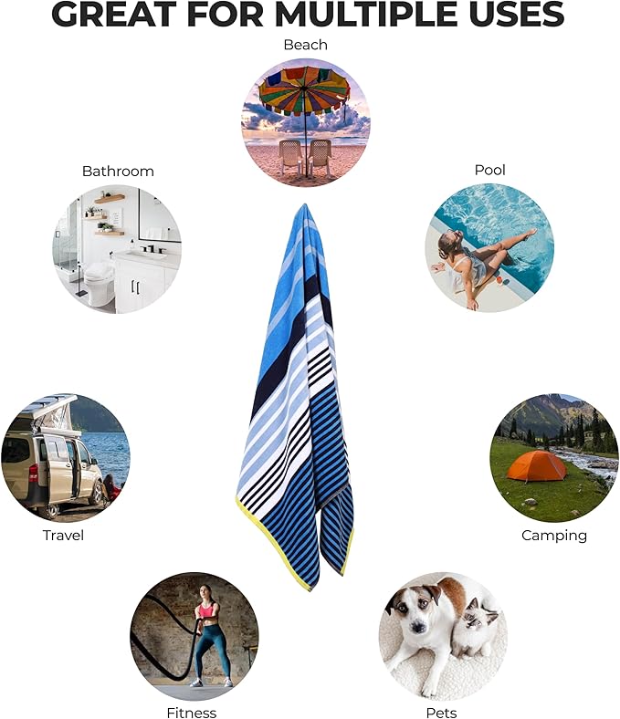 Superior Cotton Beach Towel, Absorbent Oversized Towel for Swimming Pool, Camping, Bathroom, Shower, Large, Quick Drying, Adults, Kids, Colorful, Mira Striped Collection, 68" x 34", Blue-Navy