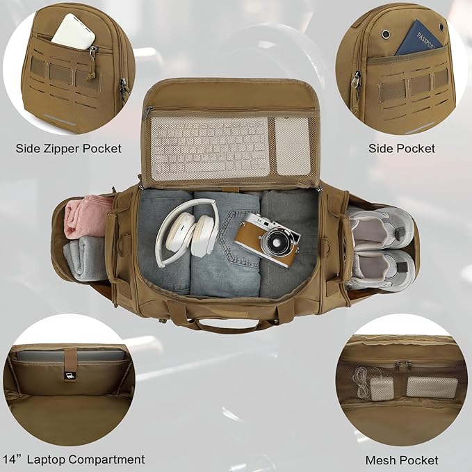 Gym Bag for Men Women 45L Sports Duffle Bag for Travel Tactical Military Duffel Bag with Shoe & Laptop Compartment Lightweight Medium Weekender Travel Bags for Fitness Training Workout, Brown