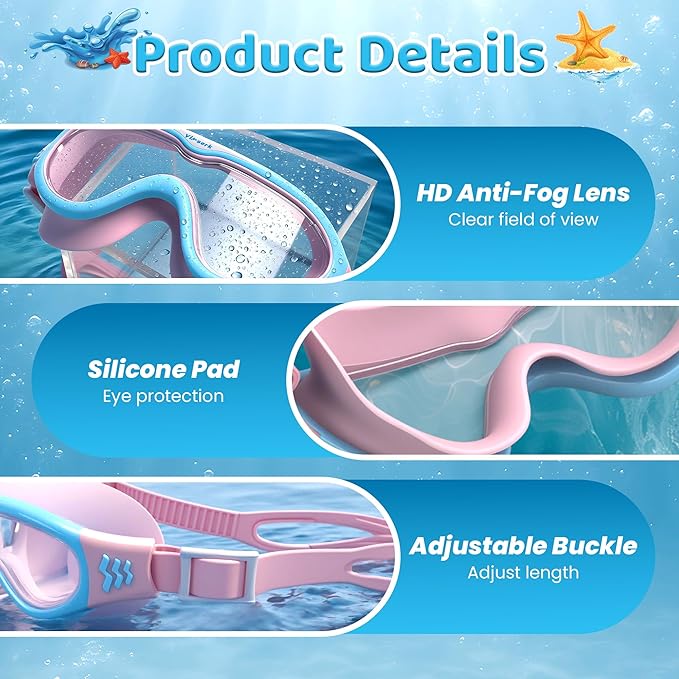 Kids Swim Goggles for Kids 6-14, Anti-Fog & UV400 Lens, Comfortable Silicone Design, Includes Nose Clip & Earplugs