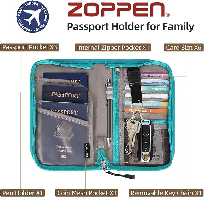 ZOPPEN Passport Holder Family RFID Passport Wallet, Passport Holder Women/Men, Travel Wallet Documents Organizer Zipper Case with Removable Wristlet Strap, Travel Essentials for Flying