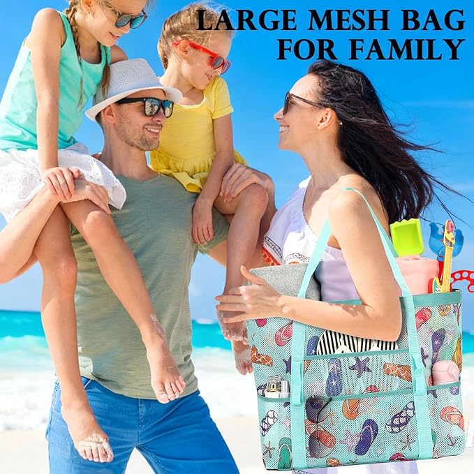Mesh Beach Bag, Large Beach Tote with Zipper Pocket, Toys Pool Bag for Family Travel Vacation Cruise Essentials