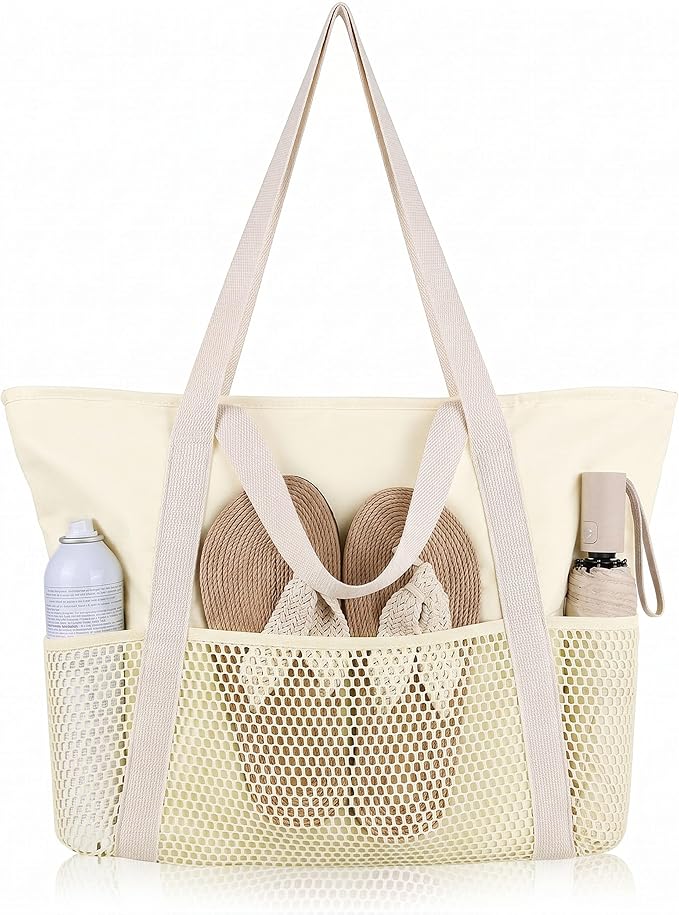 HOMESPON Beach Bag Large Waterproof Sandproof Tote for Women with Zipper and Mesh Pockets