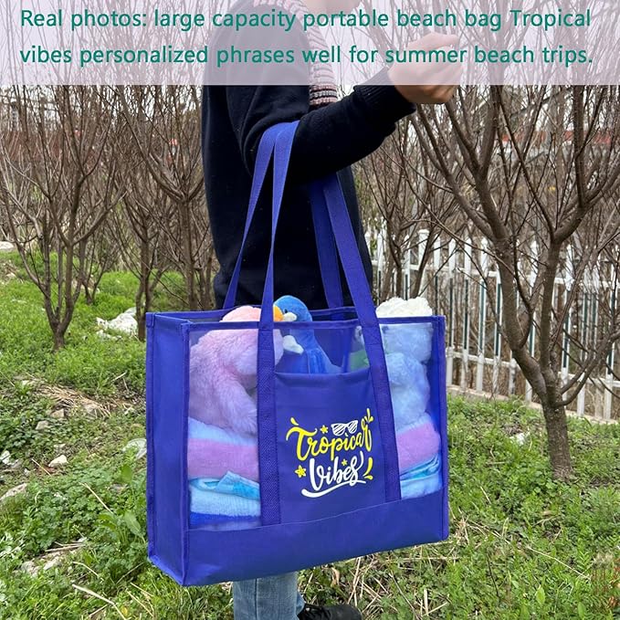 Reusable Large Beach Bags With 2 Pockets & Zipper, Lightweight Beach Tote for Poolside, Trip/swim