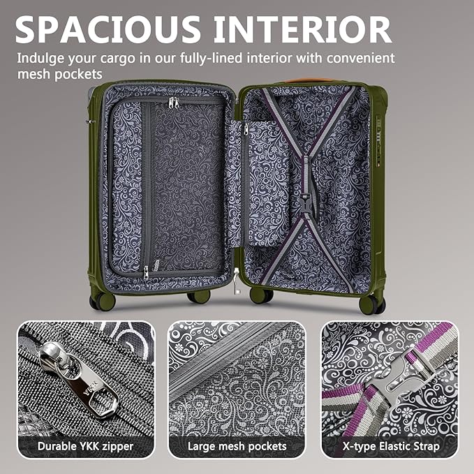 Joyway 5 Piece Luggage Set with Cup Holder, Expandable 25% Capacity, Includes Handbag, Anti Slip Wheels, Hook, Smart Carry On Suitcase for Men and Women, Spinner Travel DarkGreen
