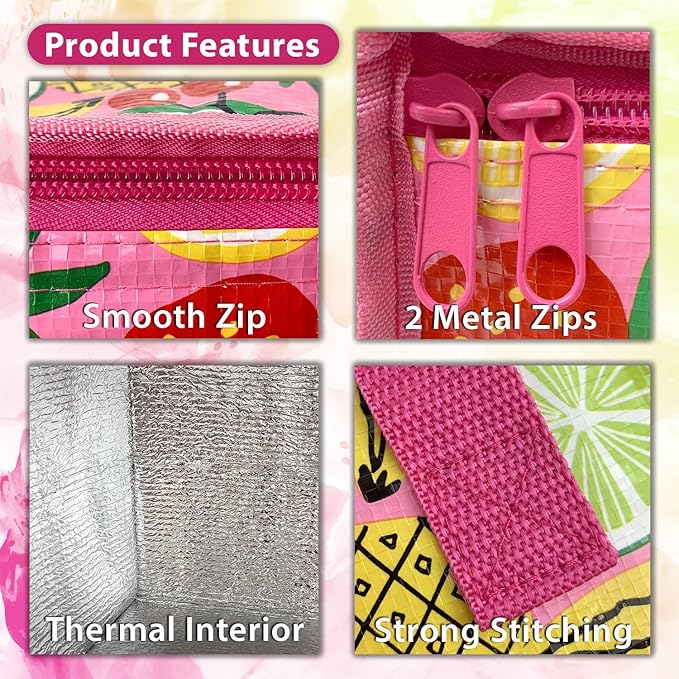 Fashion Stationery Insulated Lunch Bag Kids Lunch Box Folding Reusable Lunchbags for Girls or Boys Lunch Box for School, Beach or Travel Small Cooler or Picnic Coolers (Pink)