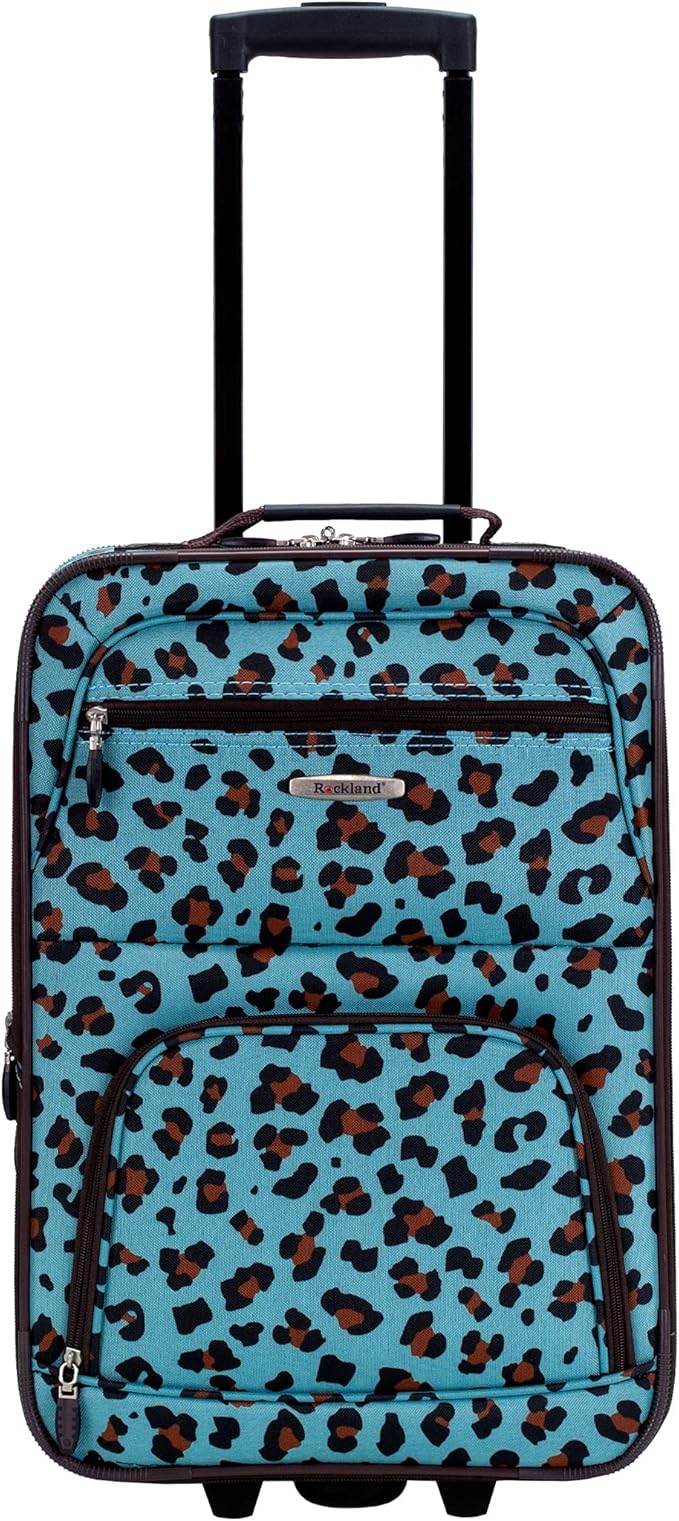 Rockland Fashion Softside Upright Luggage Set,Expandable,Telescopic Handle,Wheel, Blue Leopard, 2-Piece (14/19)