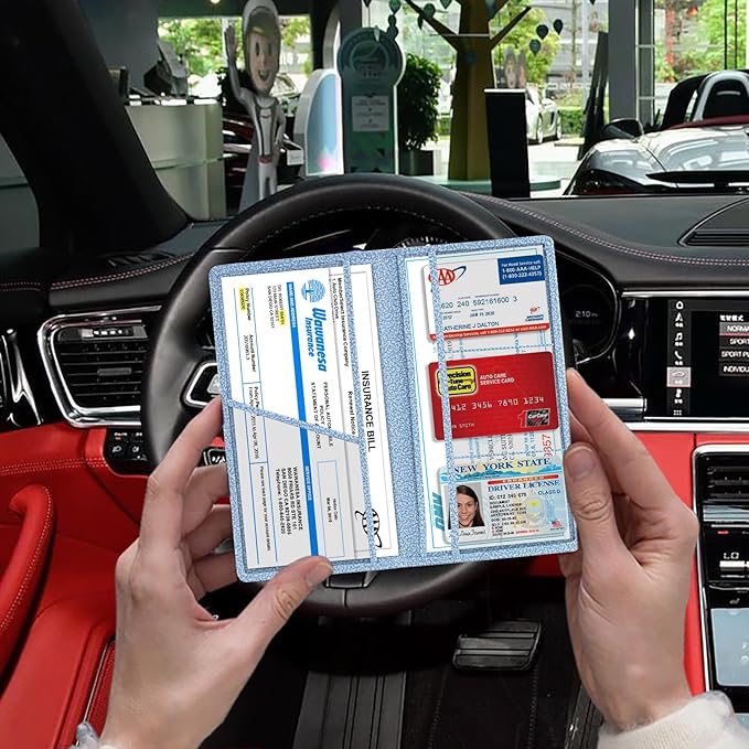 TOURSUIT Car Registration and Insurance Card Holder, Vehicle License Document Glove Box Compartment Organizer, Essential Car Wallet Case for Driver Auto Owners (M Light Blue)