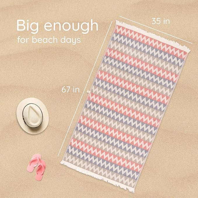 Turkish Beach Towel 35”x67” – 100% Cotton, Quick Dry, Lightweight Oversized Beach Towel for Pool & Travel – Zig Zag Navy Red Color