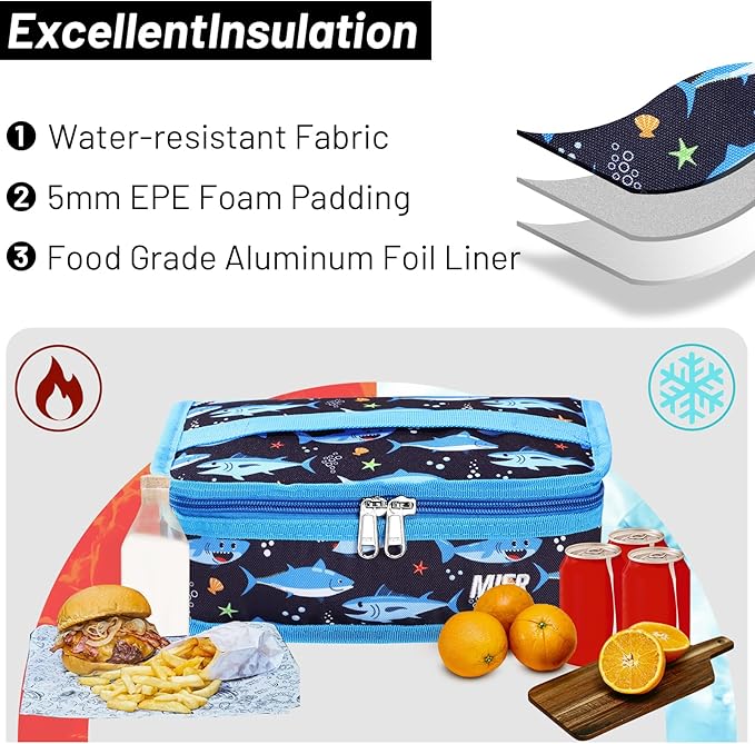 MIER Small Lunch Bag for Kids & Adults Compact Insulated Lunch Box Portable Thermal Mini Cooler for Work School Travel, Blue Shark