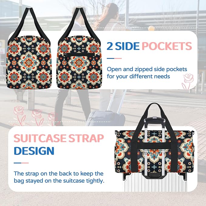 Beige Floral Overnight Travel Bag Unisex Dark Blue Carry-On Size Tote Bag Suitable for Travel Duffle Gym Sports