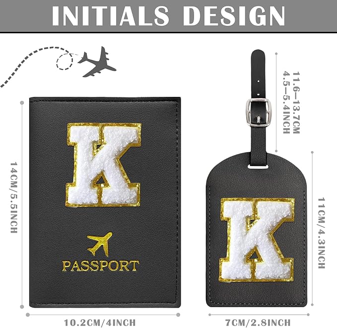 COSHAYSOO Black Initial Passport Cover Holder and Luggage Tag Set TSA Approved with Chenille Letter Patch for Women Teenage Girls, Traveling Necessities Supply Unique Bag Suitcase Identifier (K)