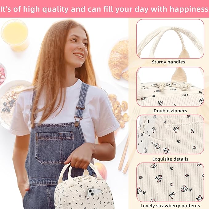 LEDAOU Lunch Box for Women Insulated Lunch Bag Cute Lunchbox Compact Cooler Thermal Reusable Lunch Tote for Work School Picnic Travel