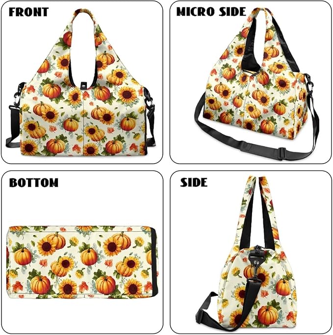 Autumn Sunflower Pumpkin Duffle Bag for Gym Sports Women Carry On Weekender Bag with Shoe Compartment for Yoga Travel Hiking Duffel Overnight Weekender Fall Thanksgiving Decor Gifts