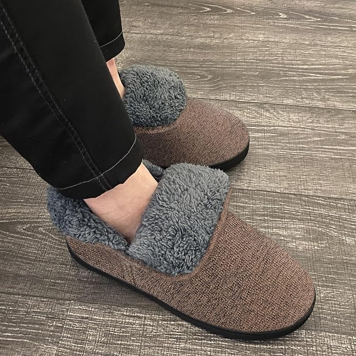Men’s Knit Bootie Slippers Warm Fold-Over Ankle Collar Plush Fleece Lined Memory Foam House Shoes Cozy Winter Non-Slip Indoor Outdoor Slippers for Men