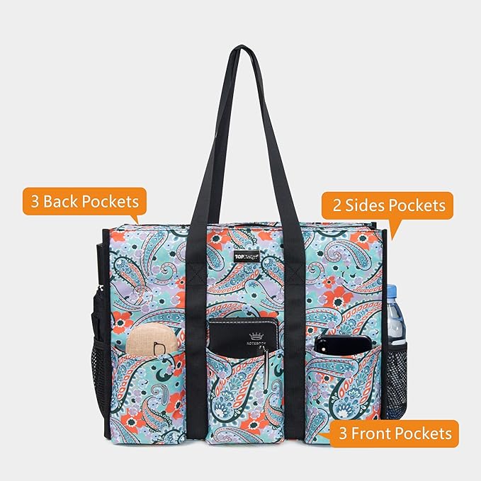 TOPDesign Utility Water Resistant Tote Bag with 13 Pockets, Top Zipper Closure & Thick Bottom Support, for Working Women