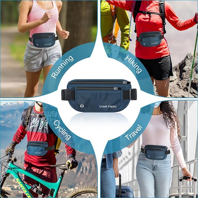 travel inspira Travel Money Belt with Slim Anti-Theft RFID Blocking Passport Holder for Travel Concealed under Clothes for Ultimate Protection of Credit Cards, Cash, Passport & Documents, Navy Blue