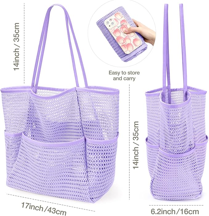 KPX Beach Bag with Mini Pocket, Beach Tote Bags for Women Large Foldable Mesh Swimming Pool Travel Bags - Sandproof