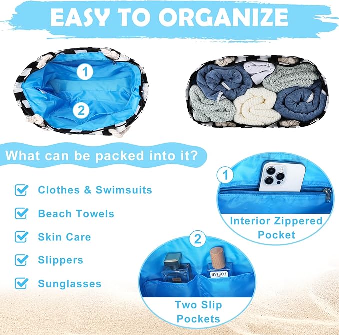 Kasqo Beach Bags for Women, Large Waterproof Beach Bag Tote Zipper Swim Pool Bag with Small Pouch for Grocery Travel Vacation