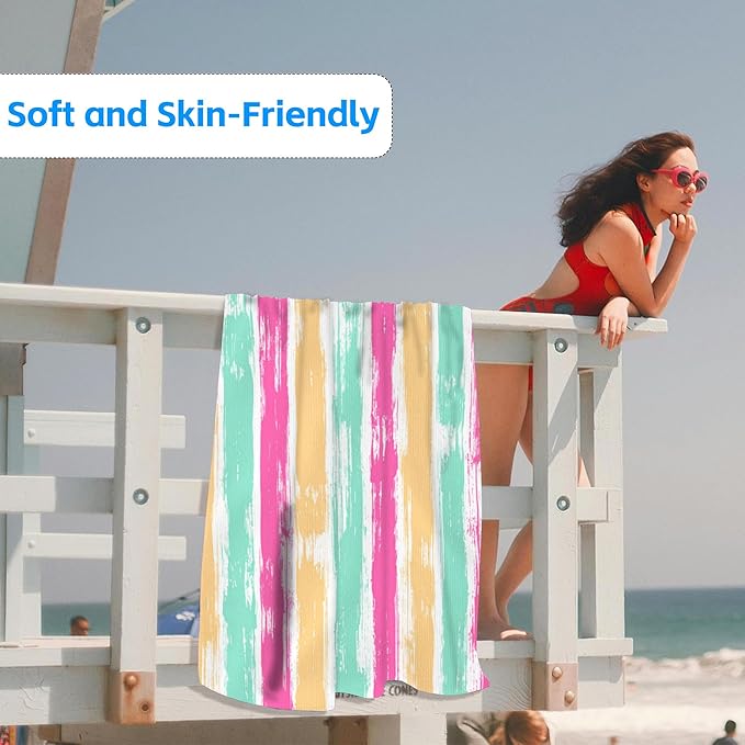 Microfiber Beach Towels,Watercolor Bohemian Yellow Green Pink Stripes Oversized Absorbent Bath Towels,Soft Quick Dry Thin Camping Towel for Adults Women Men,29.5"×59"