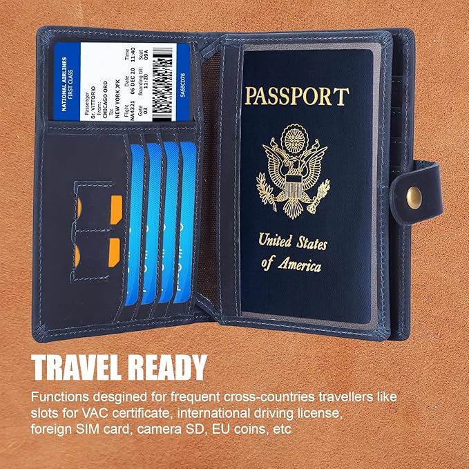 STAR VISTA Cosimo Leather Passport Holder for Exquisite Voyagers or Pilots, Transparent Windows for Travel Document & Dual IDs, RFID Blocking, 2 Passports, 2 IDs, 8 Cards, AirTag Slots, Navy Blue