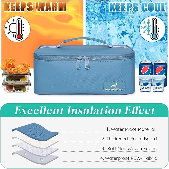 NOL Natural Organic Lifestyle Insulated Lunch Bag for Adults –Compact Cooler Lunch Box with Food-Grade Lining, Waterproof Lunch Bag for Work, Travel | Portable Thermal Meal Tote with Handle,Dusty blue