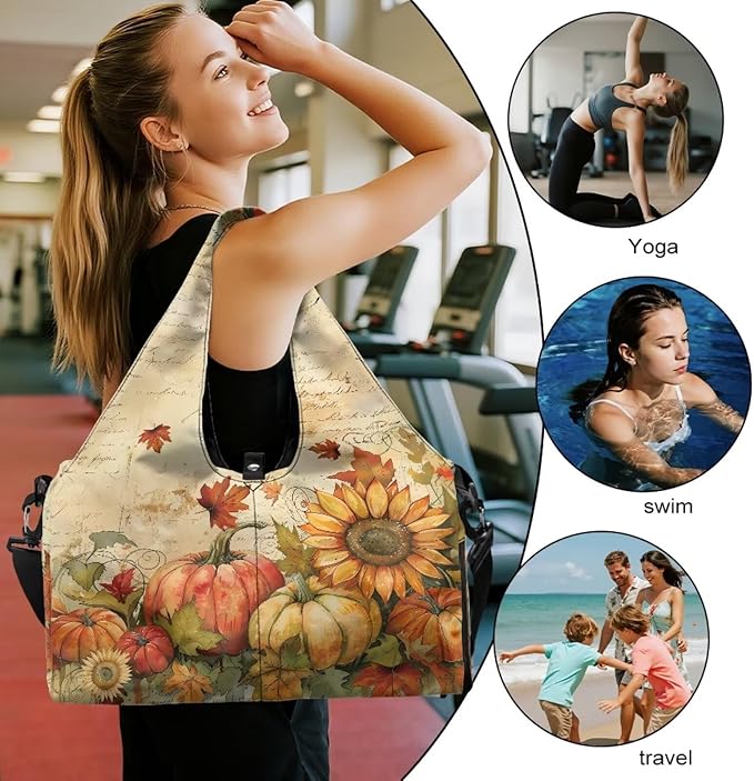 Sunflower Pumpkin Maple Leaf Mini Gym Bag for Women with Yoga Mat Holder Small Duffle Bag Weekender Hospital Workout Carry On Duffel Bags with Shoe Compartment Thanksgiving Decor