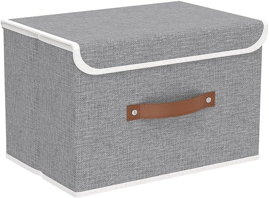 Yawinhe Storage Bins with Lids, Closet Baskets, Washable and Leather Handle, Collapsible Boxes for Home, Grey, 17.7''Lx11.8''Wx11.8''H, 1-Pack, USNK024GX-1