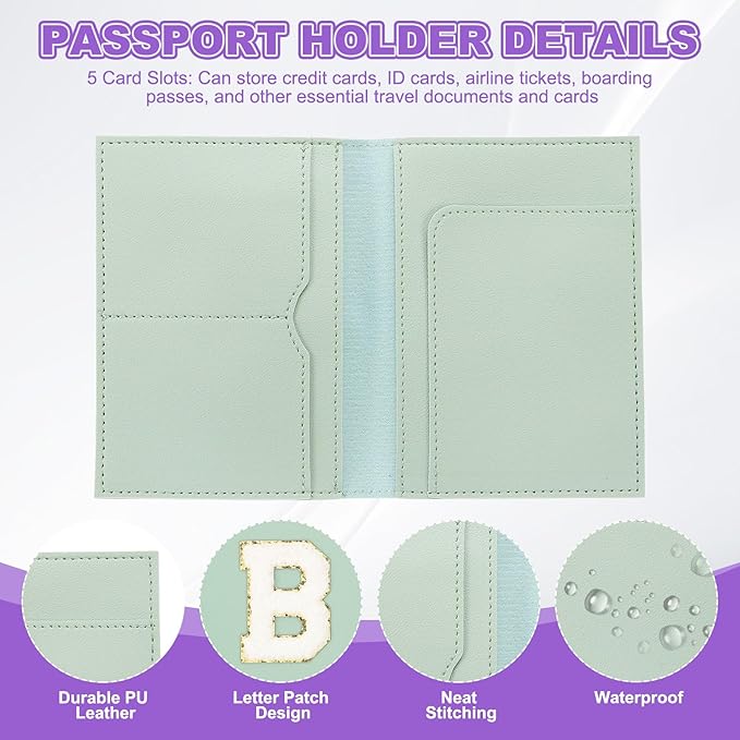 PATIKIL Passport Holder for Travel, Initial Passport Cover and Luggage Tag Set with Alphabet Chenille Letter Patch Travel Wallet Bag Suitcase Identifier for Women Family Travel Green B