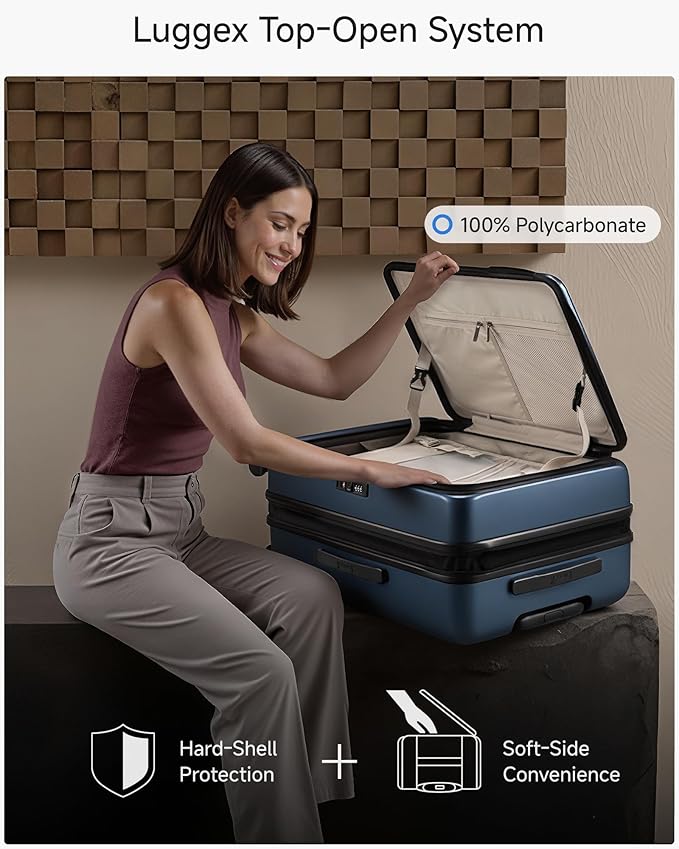 LUGGEX Checked Luggage Top Opening, FLT Expandable Polycarbonate Hard Shell Suitcase with Wheels (FX-Lite, Blue, 24 Inch, 63L-70L)