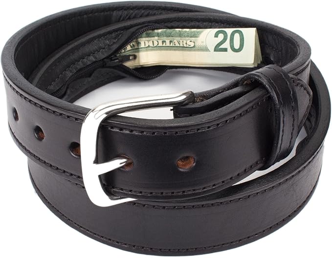 Hidden Money Pocket Travel Leather Belt (Size 44, Black)
