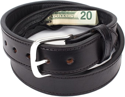 Hidden Money Pocket Travel Leather Belt (Size 54, Black)