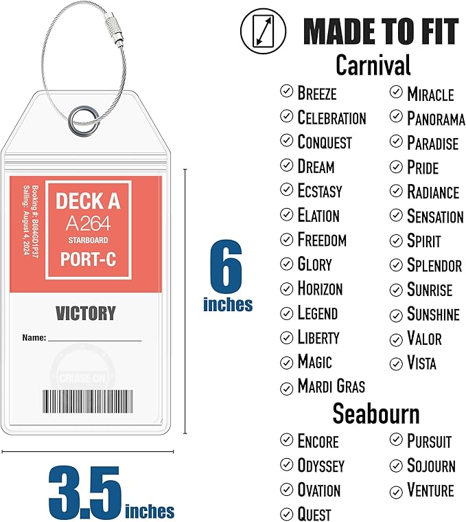 Cruise On Cruise Luggage Tag Holder [4 Pack] - Fits All Carnival & Seabourn Ships & Tags - Cruise Essentials 2026 & 2027 - Waterproof & Clear Luggage Tags