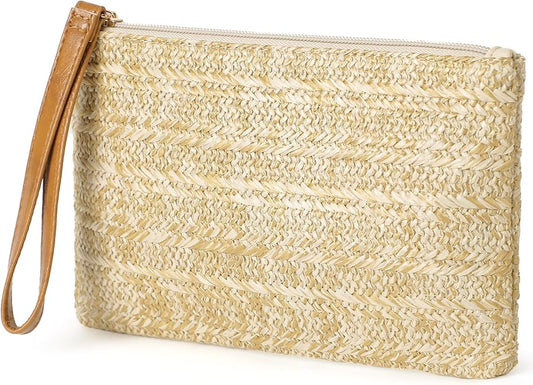 Clothirily Straw Purse Bag for Women Bohemian Handbag with Zipper Wristlet, Beach Clutch Womens Straw Clutch Purse for Summer
