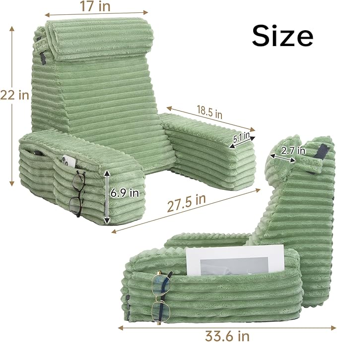 ENITYA 22" XL Reading Pillow with Armrests & Large Pockets, Supportive Back Pillow with Removable Cover, Ideal for Watching TV, Gaming, Resting, Sitting Up in Bedroom, Dorm, Sage Green