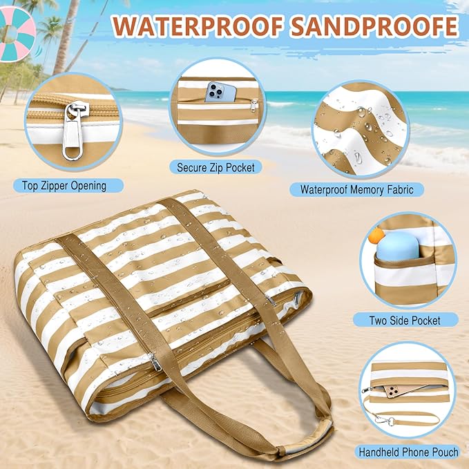 Extra Large Beach Bags for Women, Waterproof Sandproof Beach Tote Bag Foldable Swim Pool Bag with Zipper and Wet Pocket