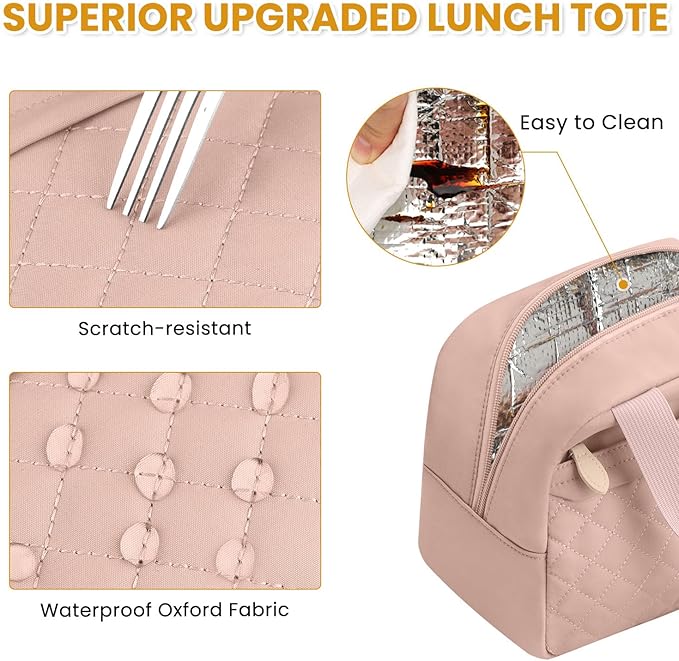 Insulated Lunch Bag for Women, Portable Lightweight Lunch Box for Adults, Reusable Small Lunch Tote Cooler Bags with Front Zipper Pocket for Work School Picnic(Pink)