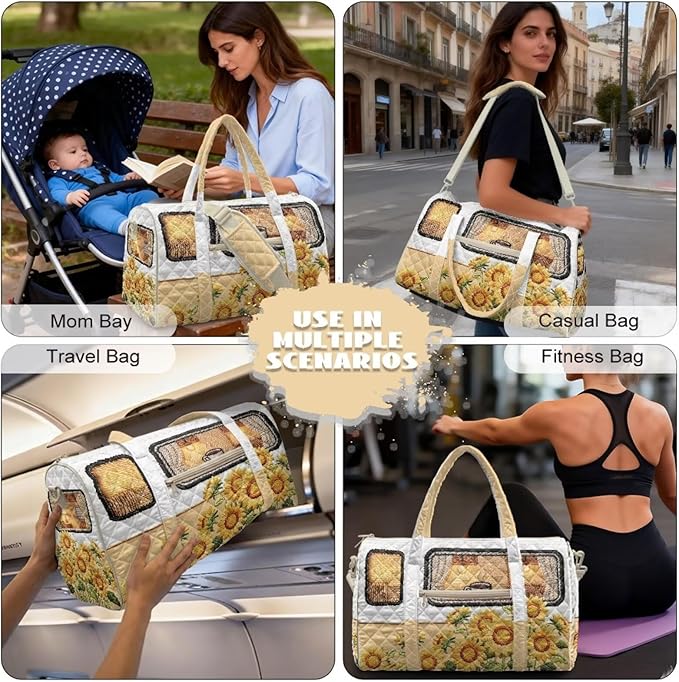 COEQINE Beige Sunflower Camper Van Duffle Bag for Women Travel Quilted Tote Bag Large Car Themed Carry on Luggage Duffle Bag with Toiletry Bag Weekender Overnight for Workout